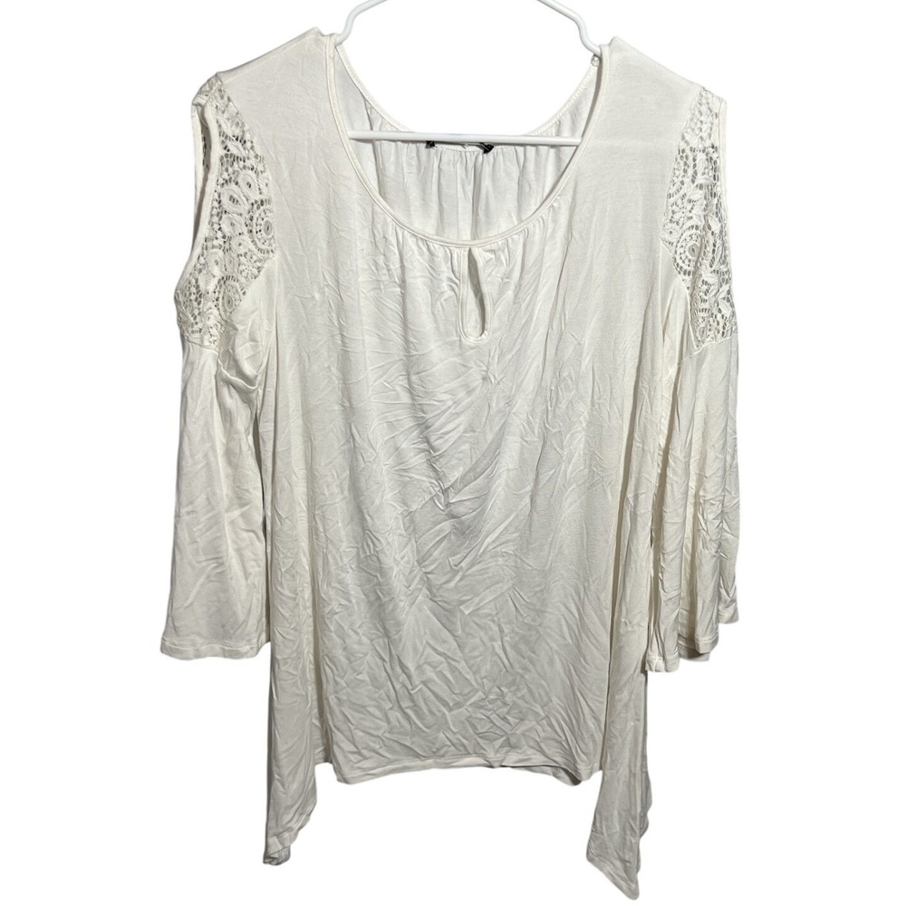 Cable & Gauge Women's White Cold Shoulder Lace Bell Sleeve Top Size L